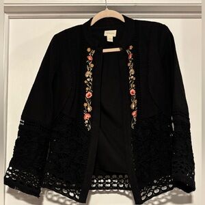 Chico's Black Open-Front Jacket with Pink & Gold Floral Embroidery